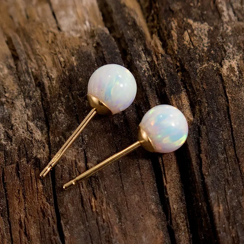 14K Yellow Gold Ball White Opal 6mm Stud Earrings