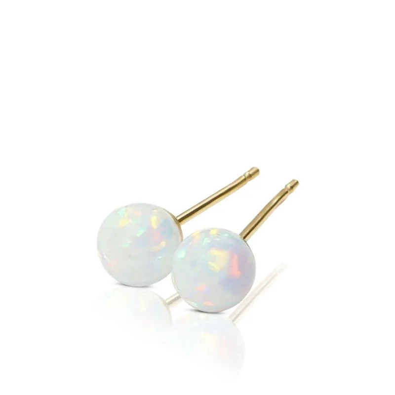 14K Yellow Gold Ball White Opal 6mm Stud Earrings