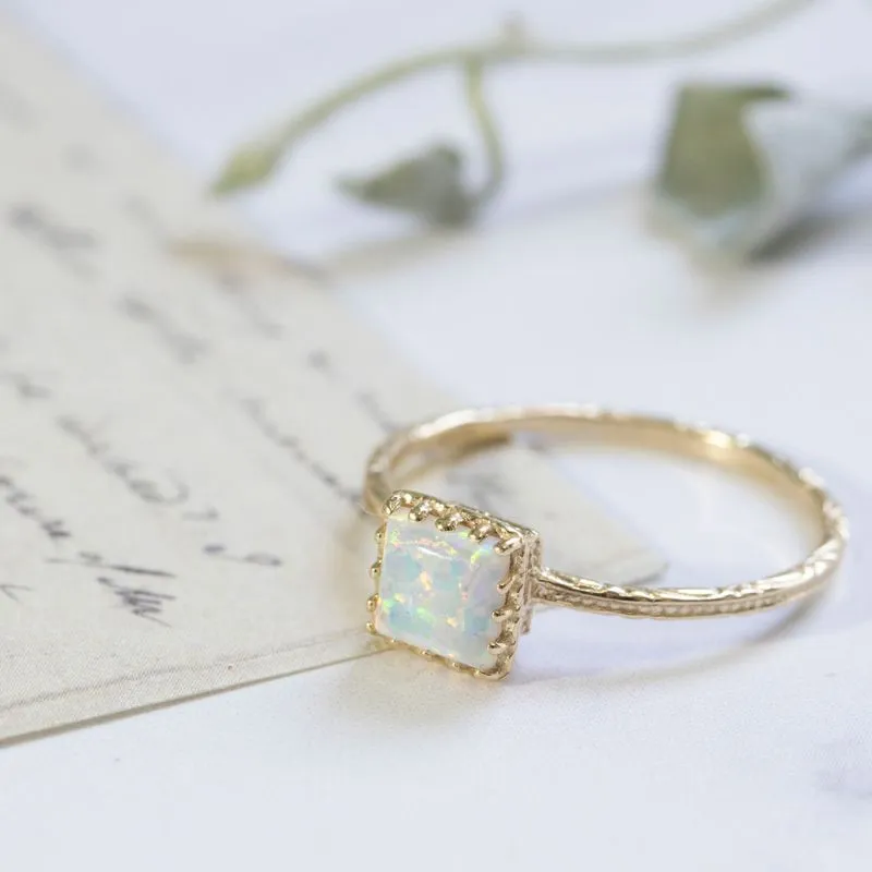 14K Yellow Gold Square White Opal 5X5mm Ring