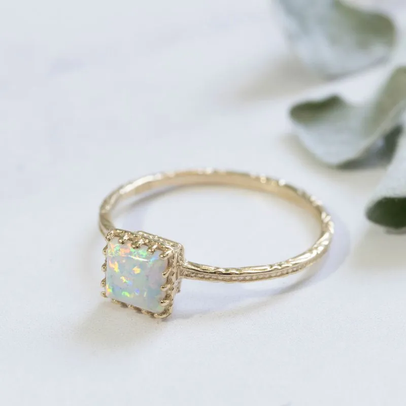 14K Yellow Gold Square White Opal 5X5mm Ring