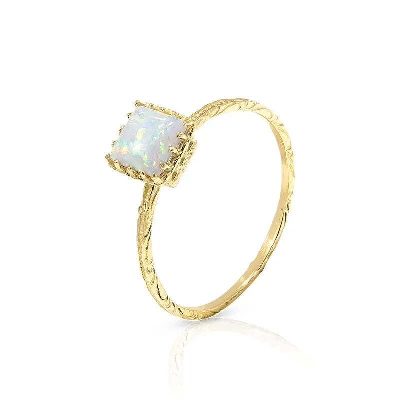 14K Yellow Gold Square White Opal 5X5mm Ring