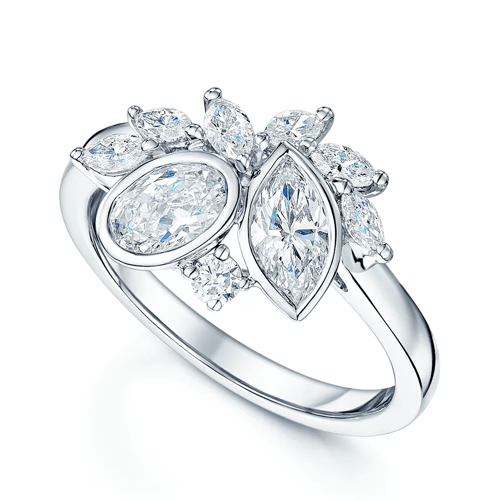 18ct White Gold Oval & Marquise Diamond Off Set Ring