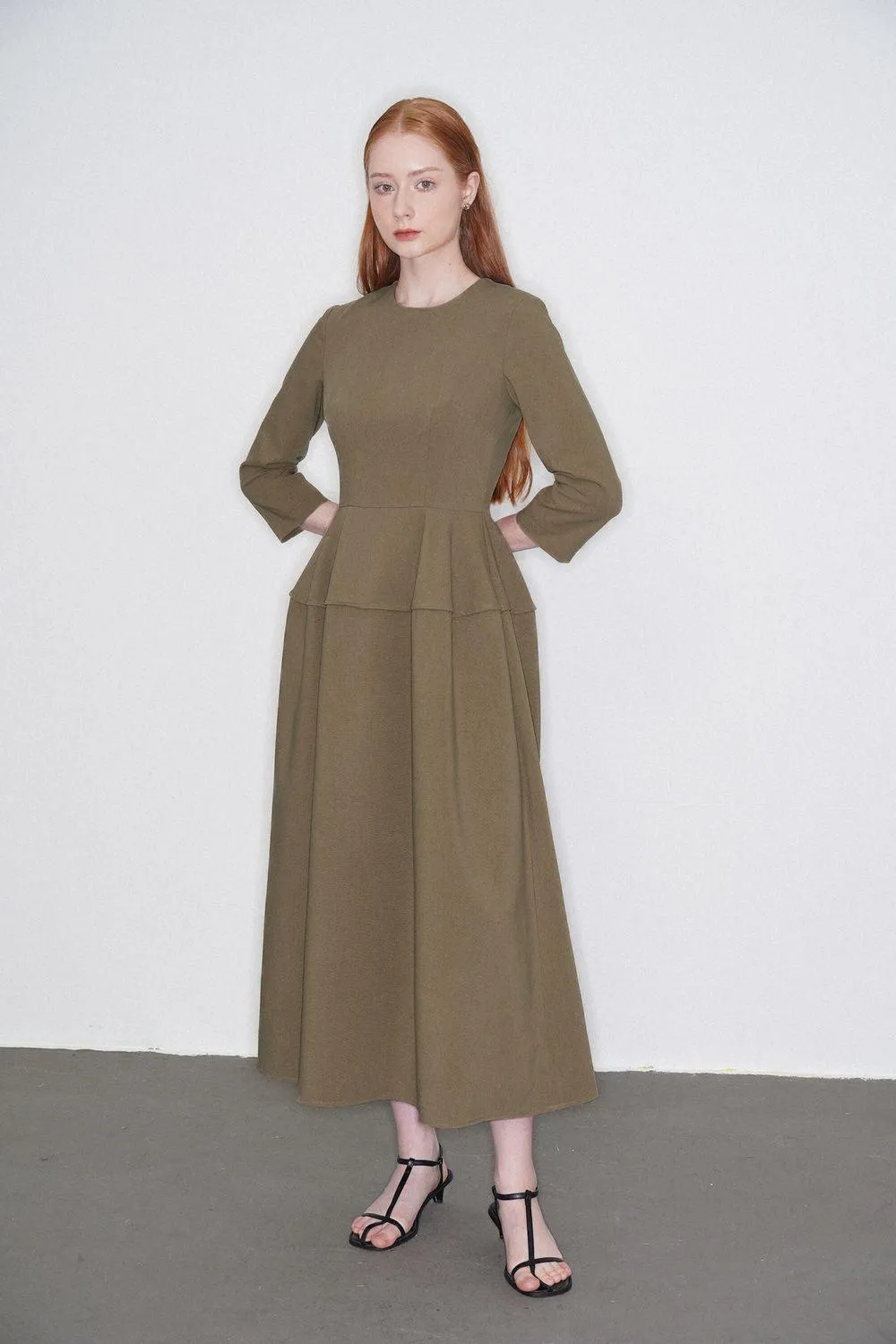 Amelia A-line 3/4 Sleeved Polycotton Midi Dress