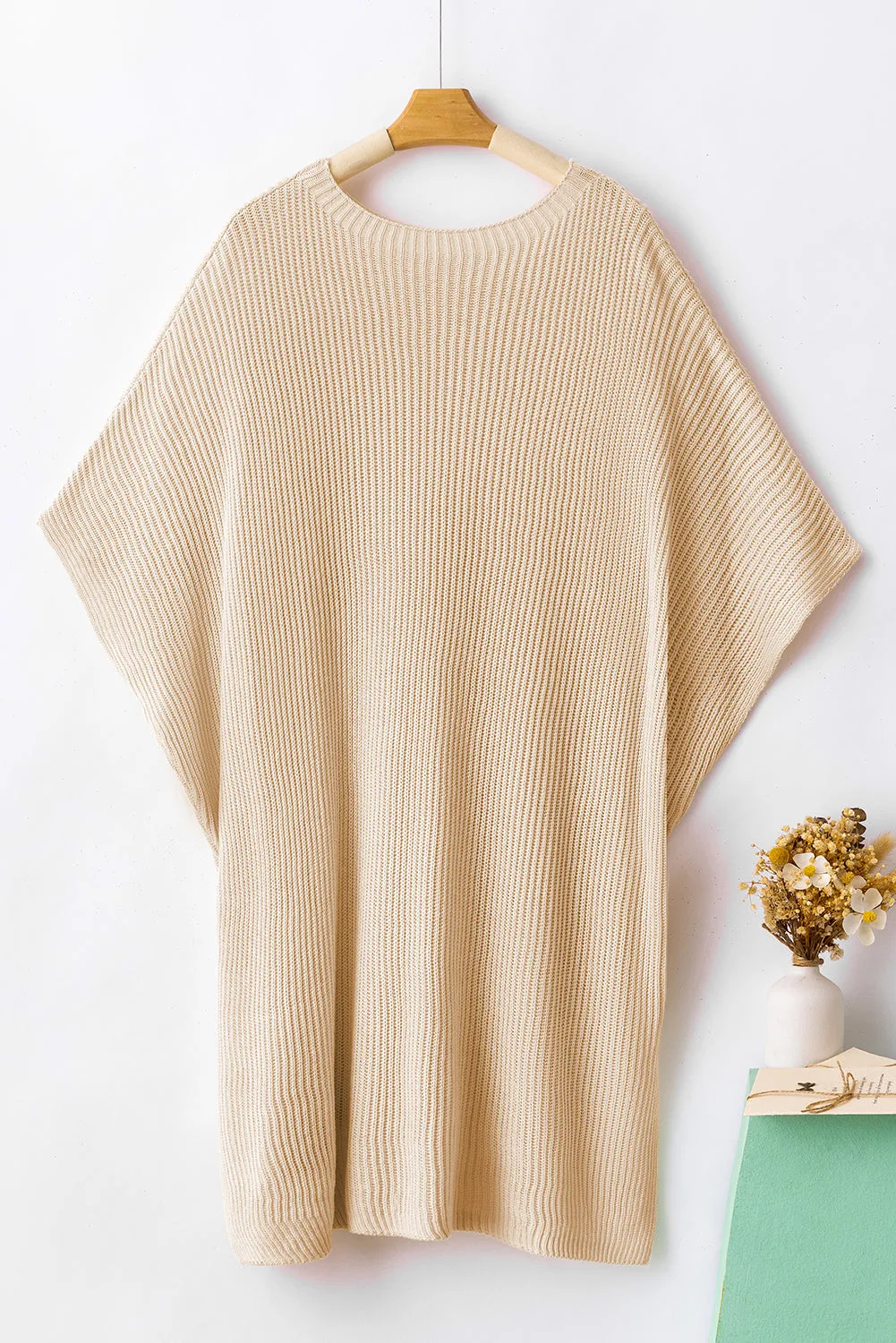 Apricot Short Sleeve Side Slit Oversized Sweater