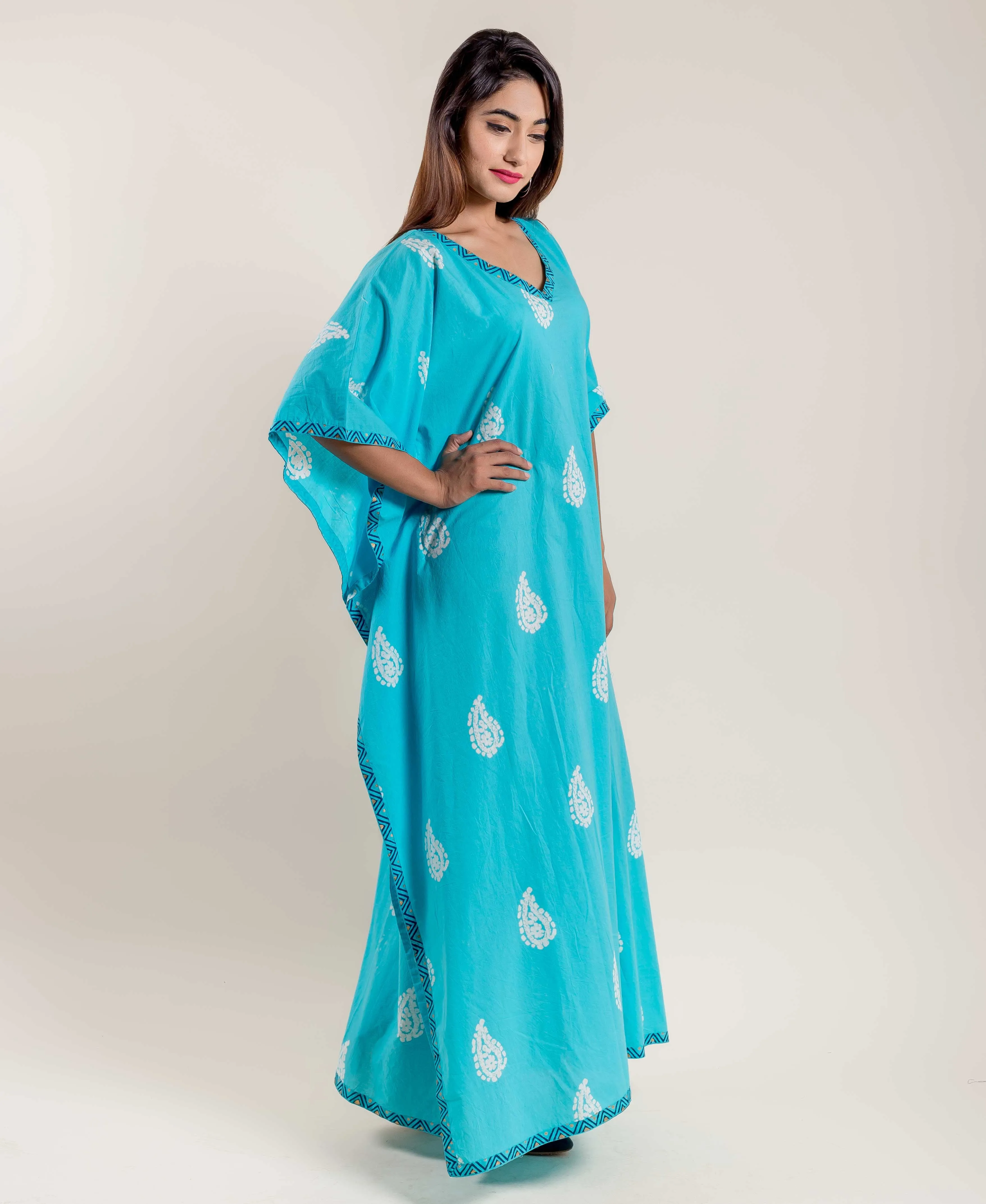 Aqua Hand Block Printed V Neck Kaftan