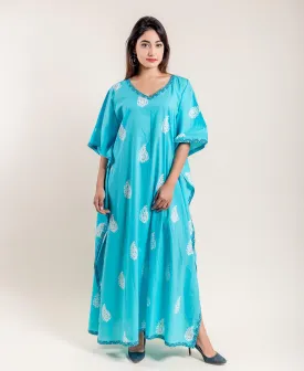 Aqua Hand Block Printed V Neck Kaftan