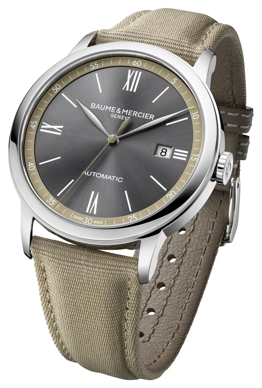 Baume & Mercier Classima Automatic Stainless Steel Gray Dial Beige Textile Strap Date Mens Watch M0A10695