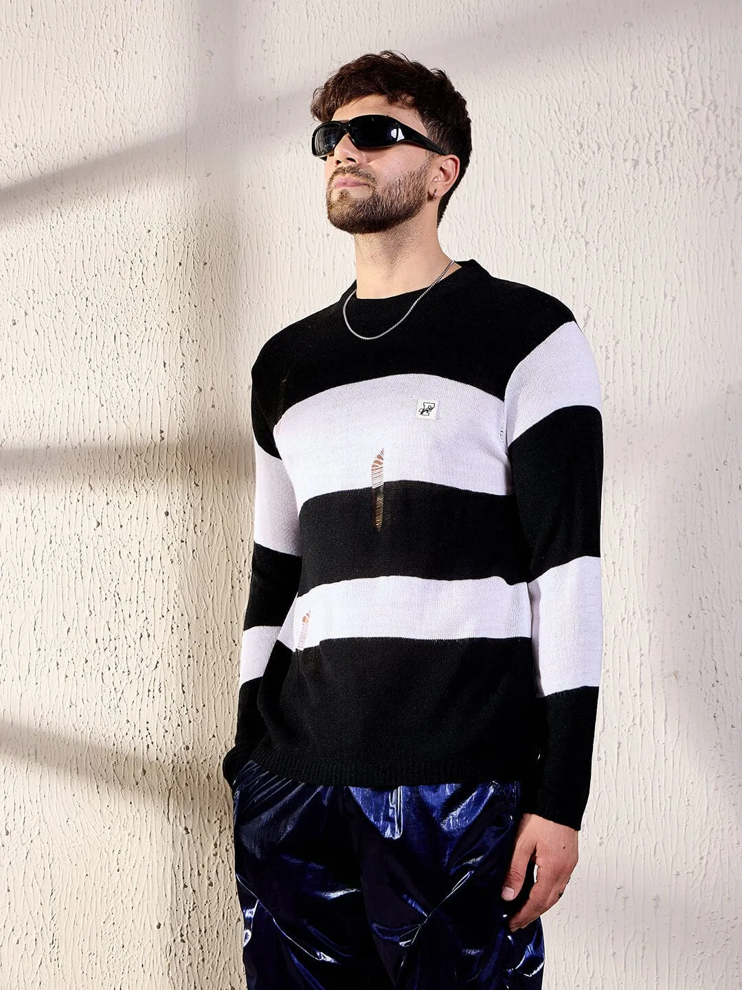 Black And White Damaged Striped Knitted Tshirt