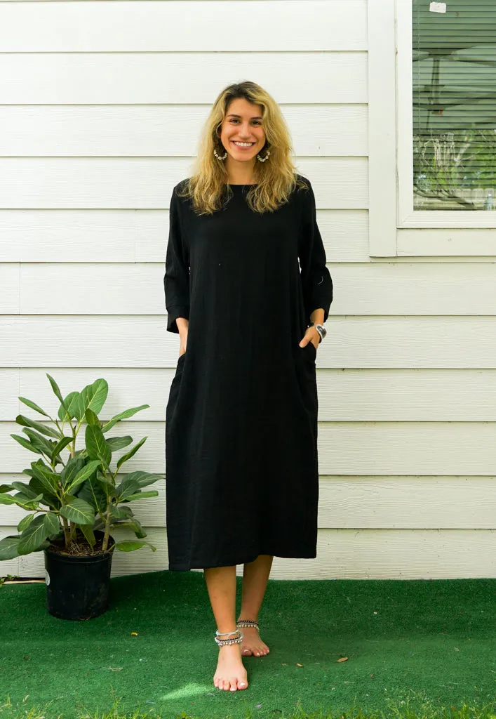 Black Double Gauze Muslin Cotton Dress with Pockets