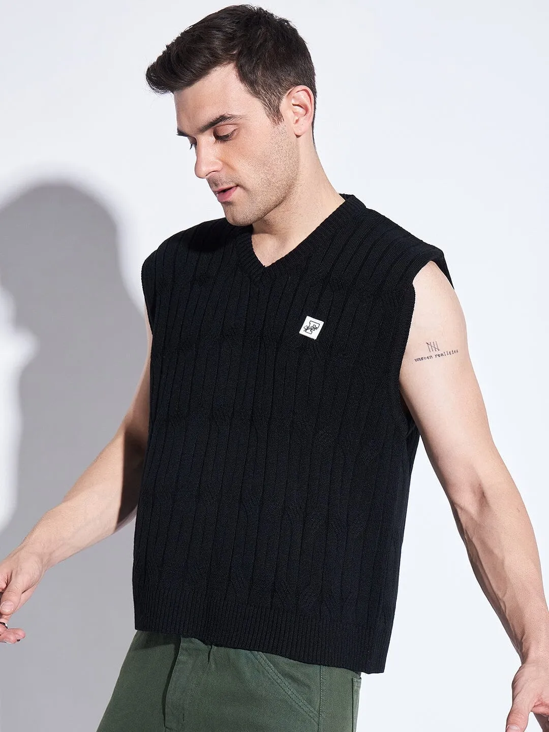 Black Knitted Sleeveless V Neck Sweater