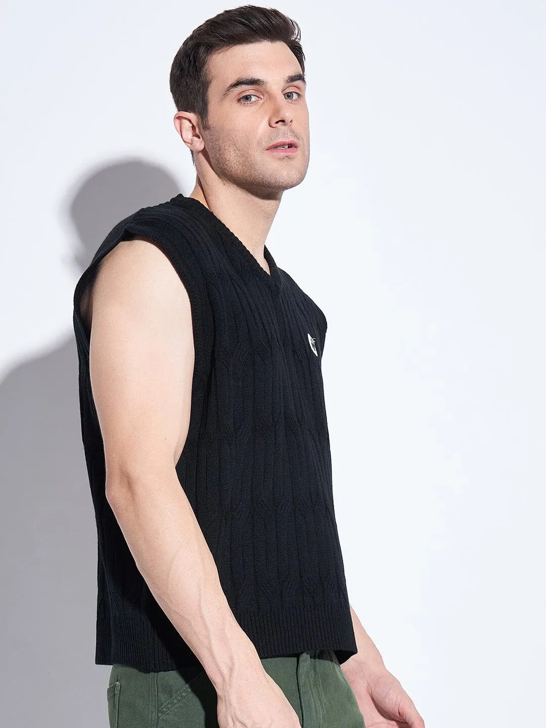 Black Knitted Sleeveless V Neck Sweater