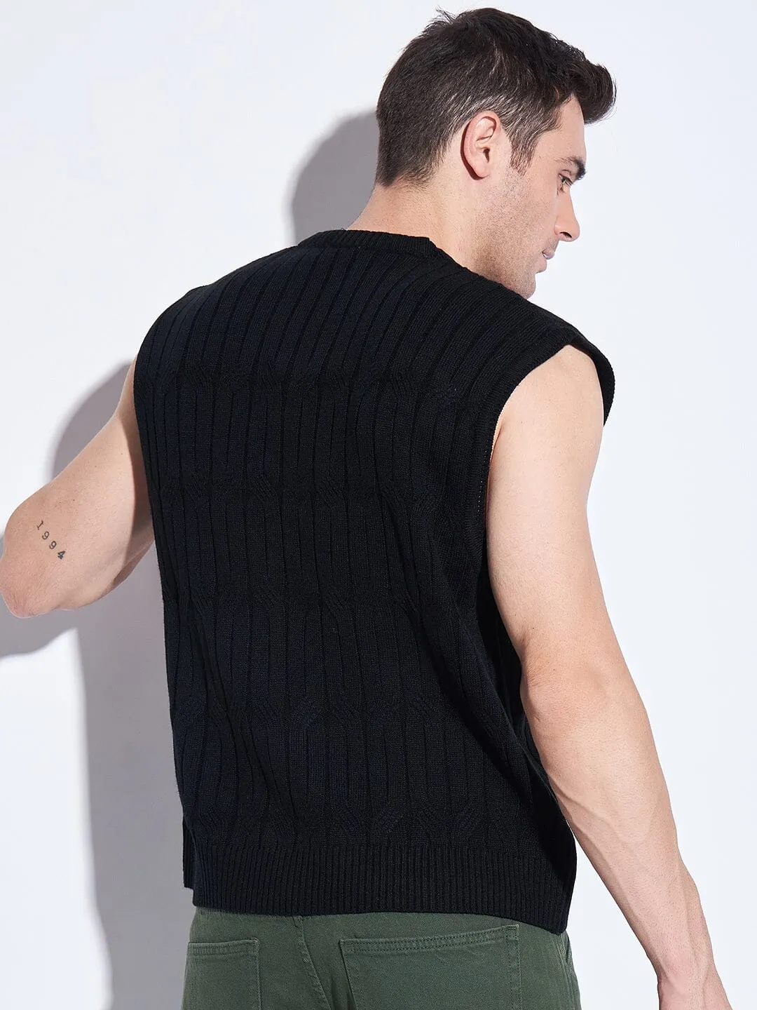 Black Knitted Sleeveless V Neck Sweater