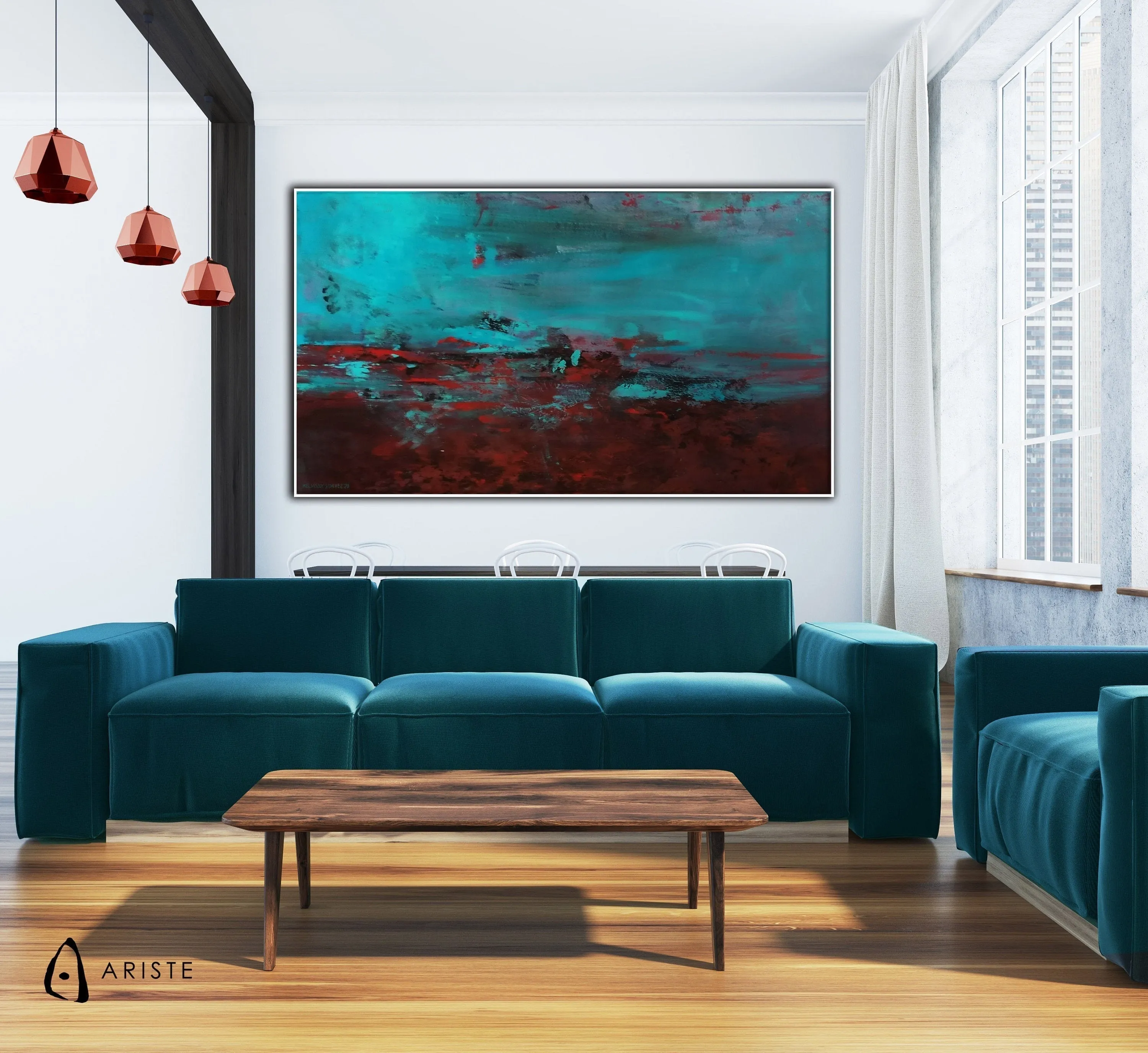 Blue & red abstract oversize wall art made to order in a custom size