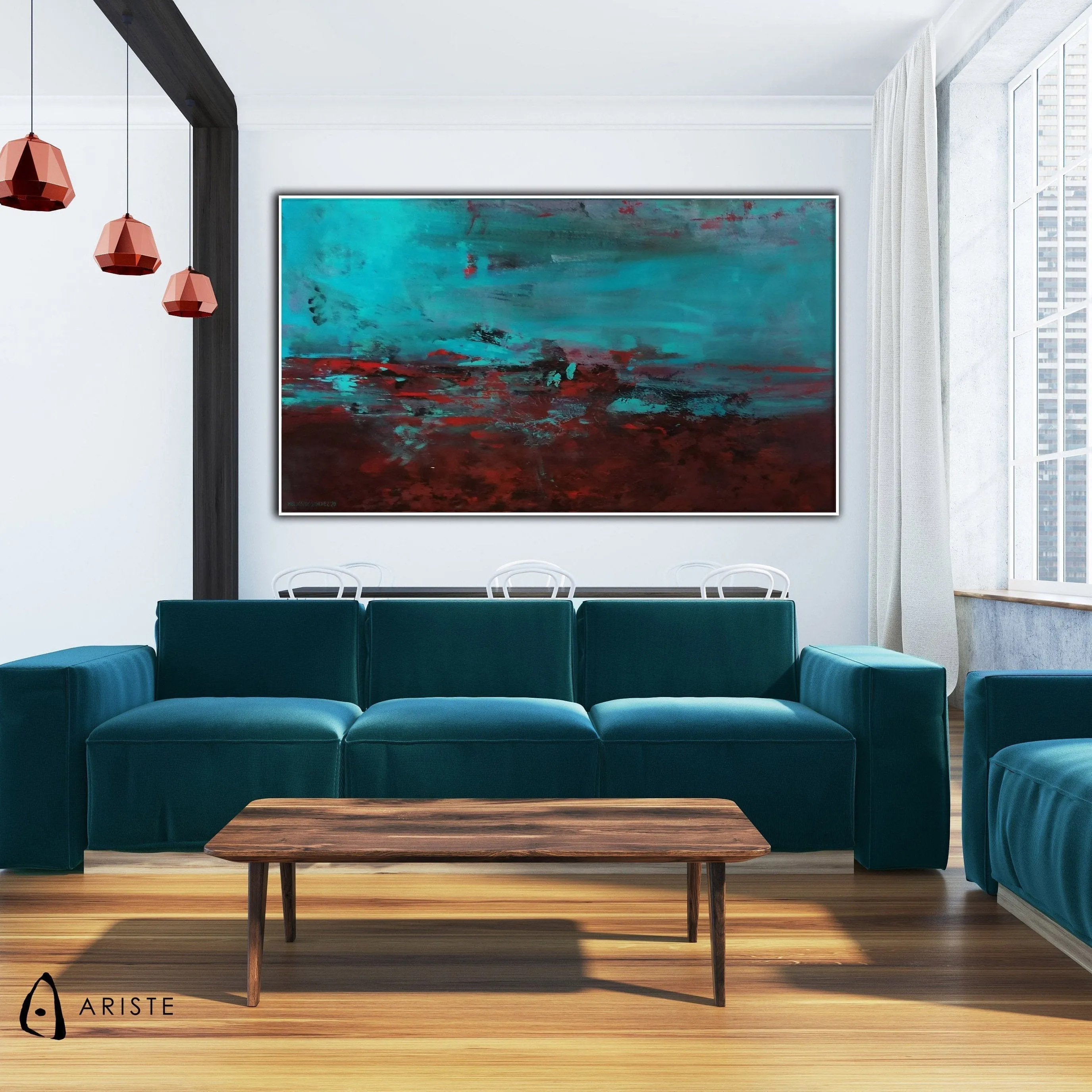 Blue & red abstract oversize wall art made to order in a custom size