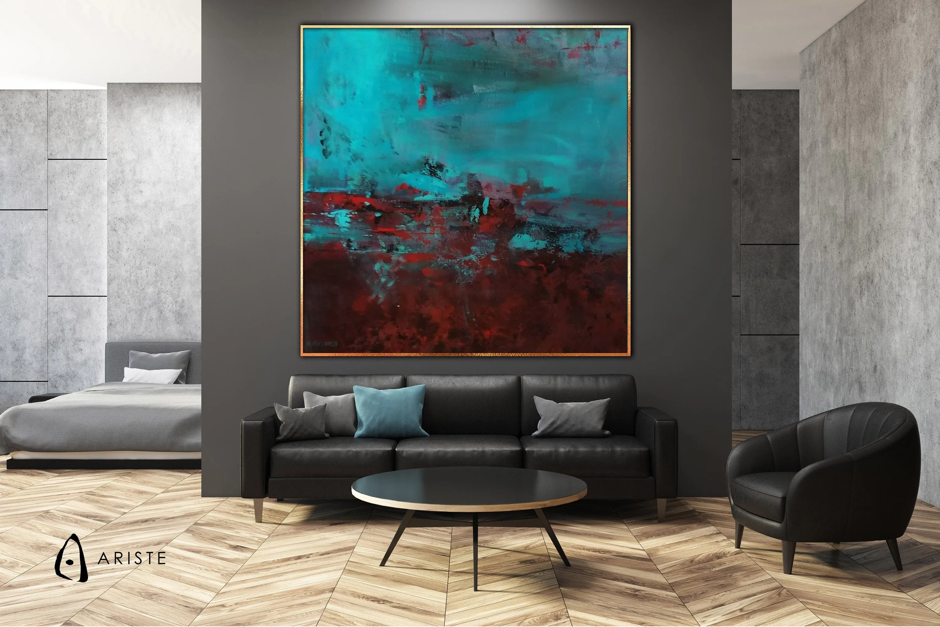 Blue & red abstract oversize wall art made to order in a custom size