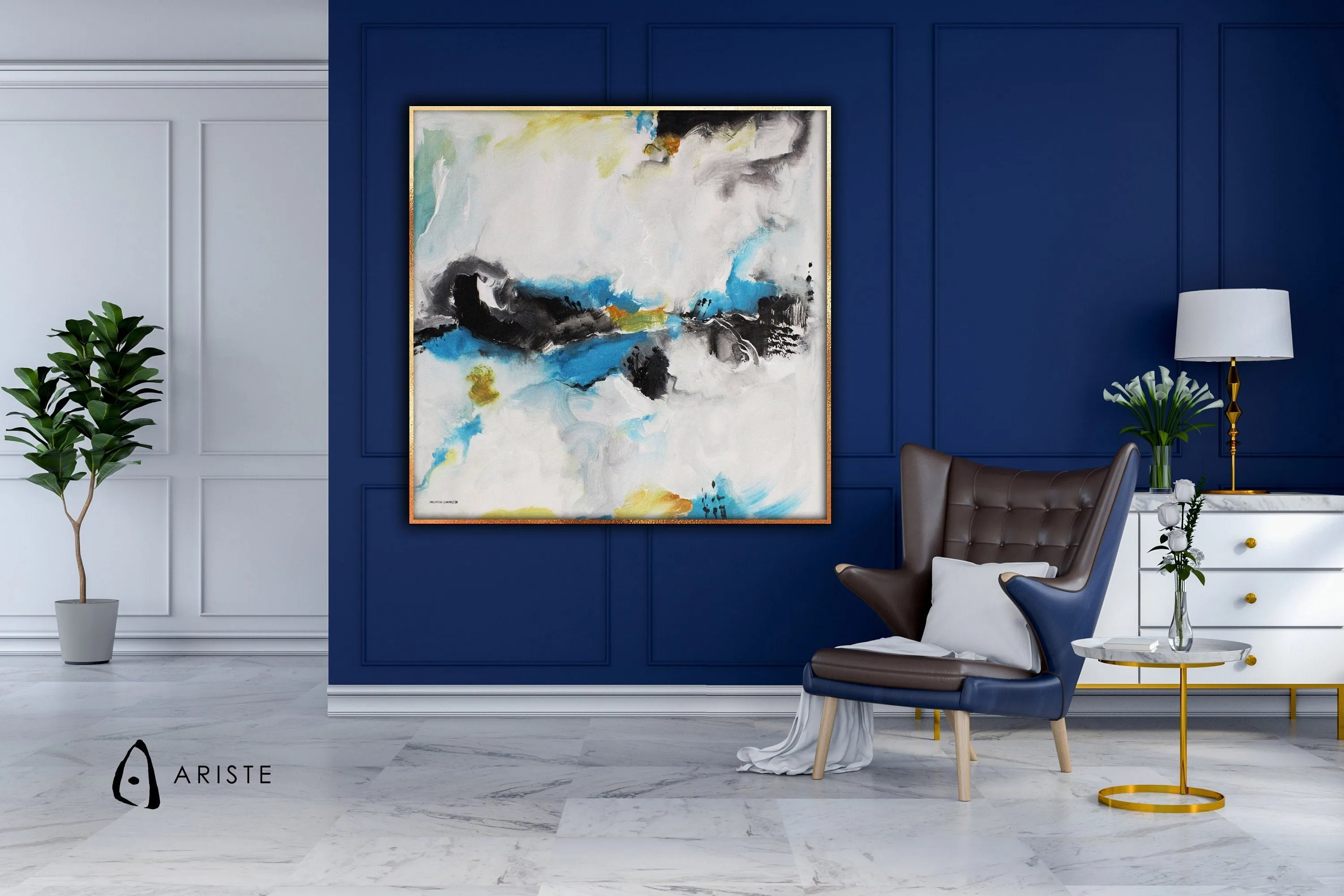 Blue, black & orange abstract oversized wall art made to order in a custom size