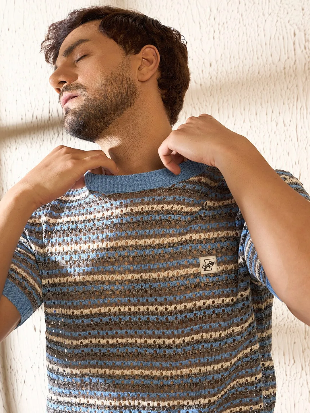 Blue Melange Striped Knitted Tshirt