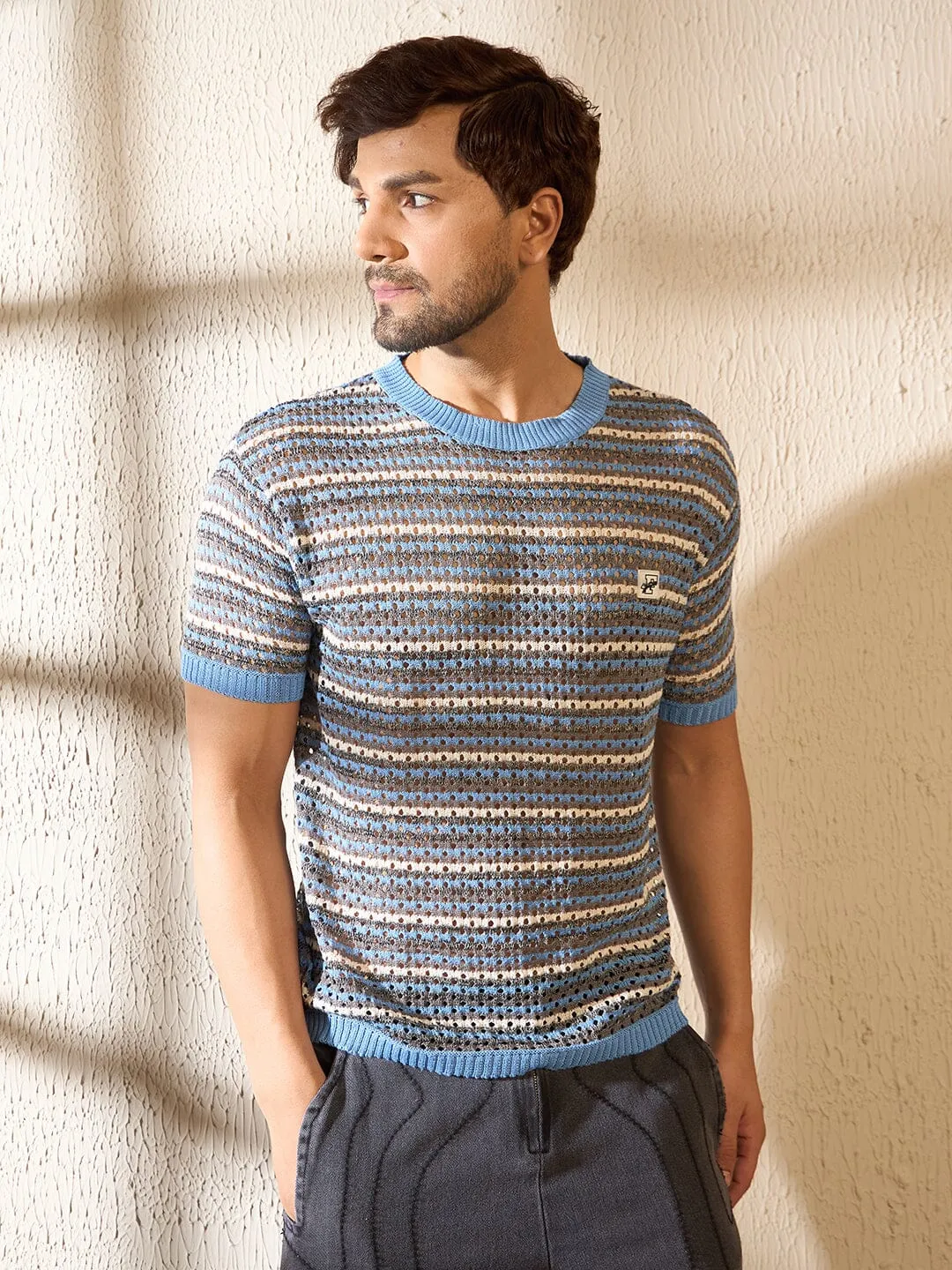 Blue Melange Striped Knitted Tshirt