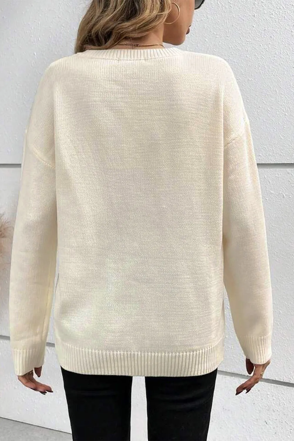 Boo Knitted Pattern Ribbed Edge Drop Shoulder Sweater