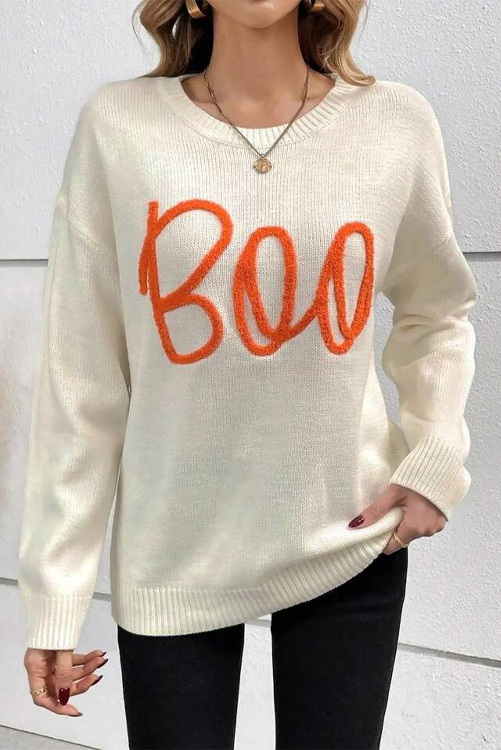 Boo Knitted Pattern Ribbed Edge Drop Shoulder Sweater