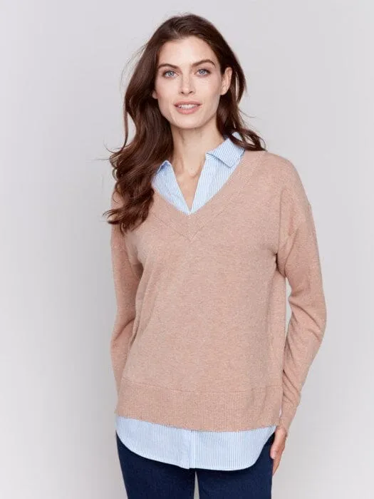 CARAMEL FOOLER SWEATER WITH ROUND SHIRT COLLAR