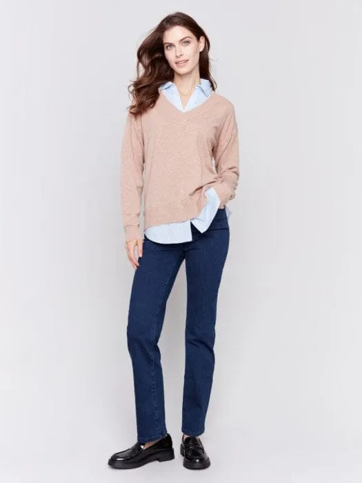 CARAMEL FOOLER SWEATER WITH ROUND SHIRT COLLAR