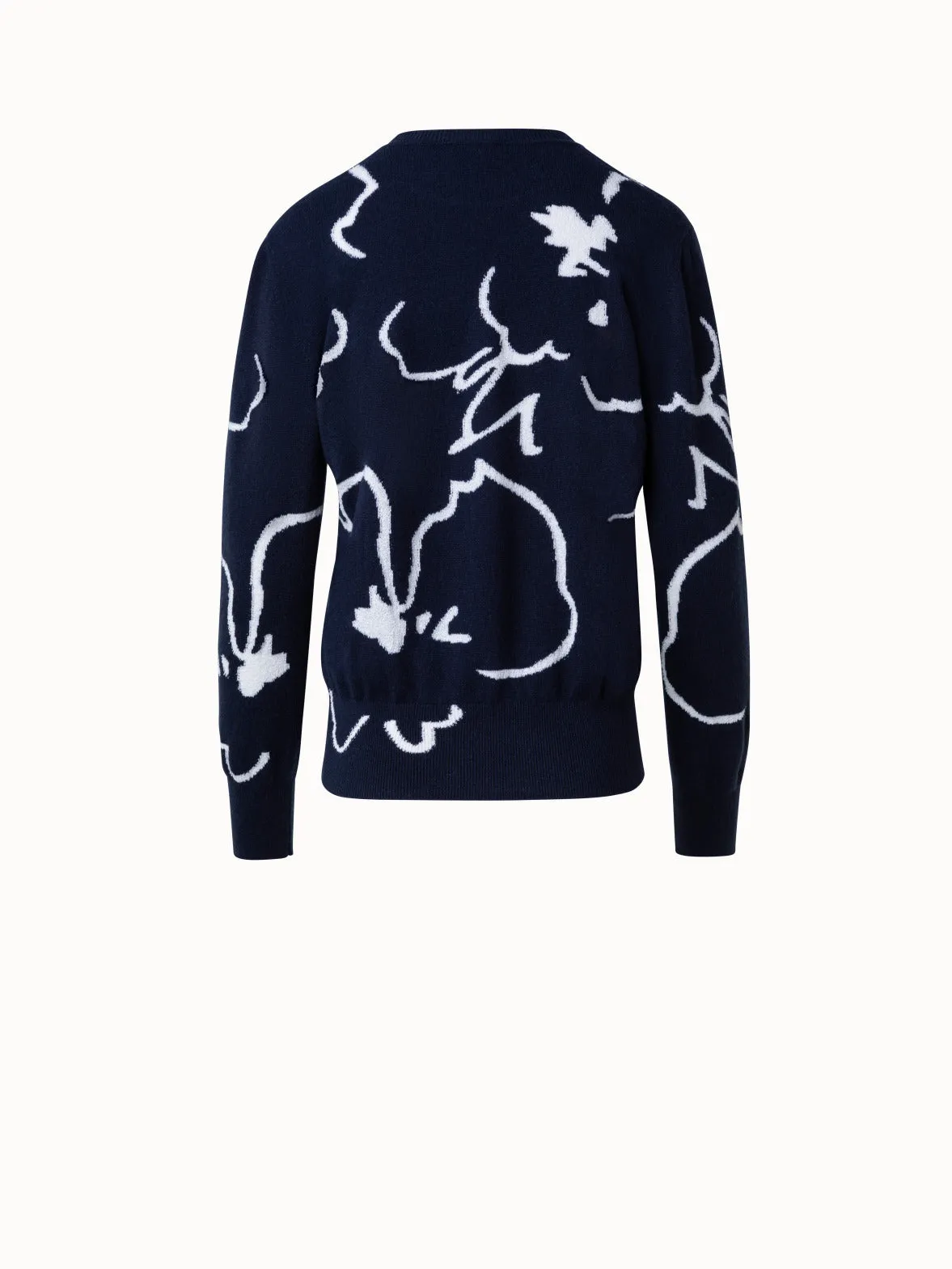 Cashmere Sweater with Cream Sketched Abraham Flower Intarsia