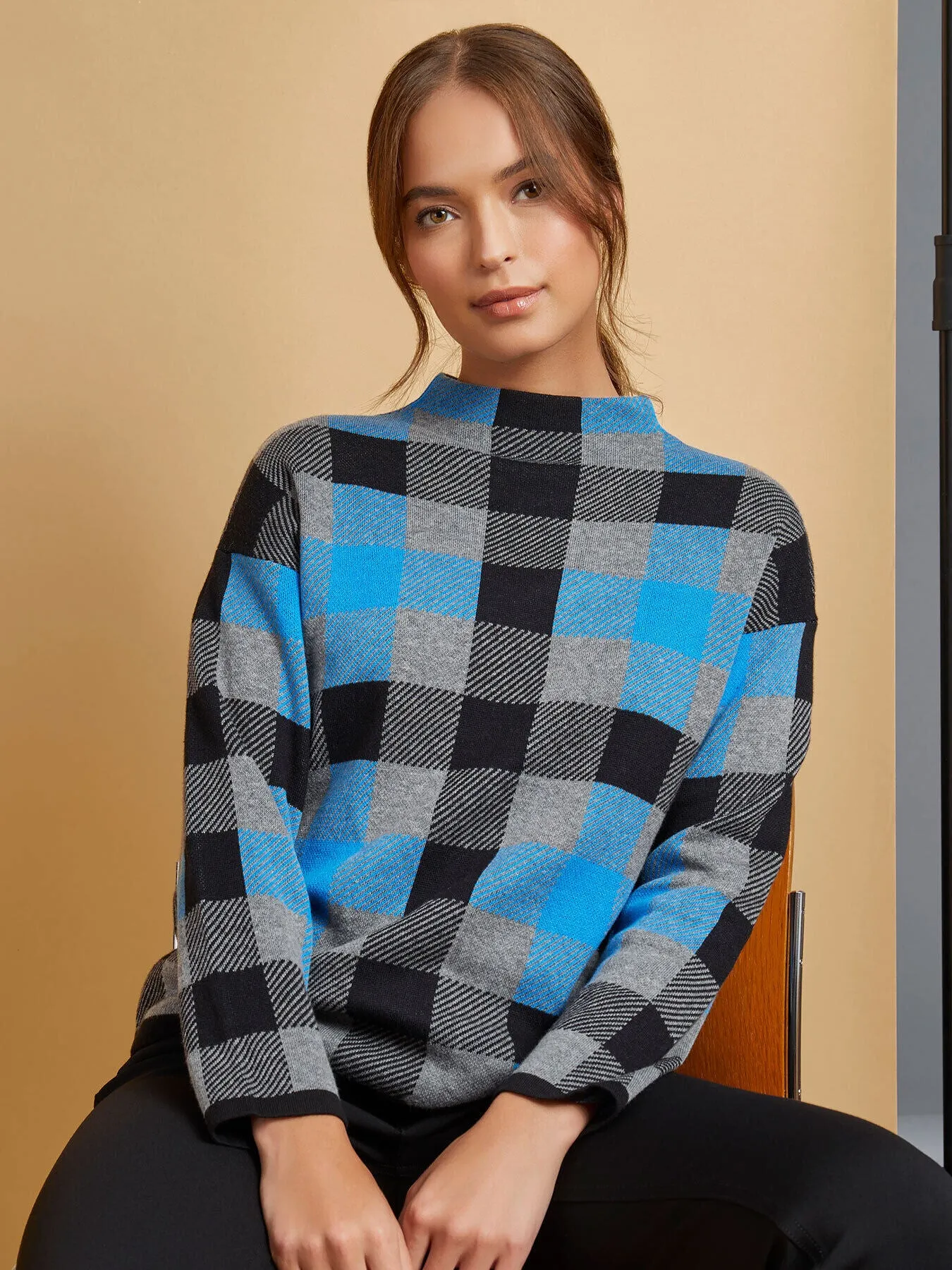 Checked Mock Neck Jacquard Sweater