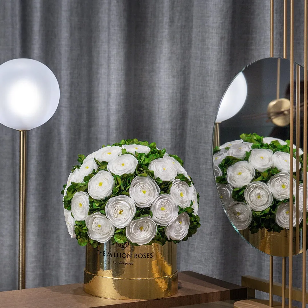 Classic Mirror Gold Box | White Persian Buttercups & Green Hydrangeas