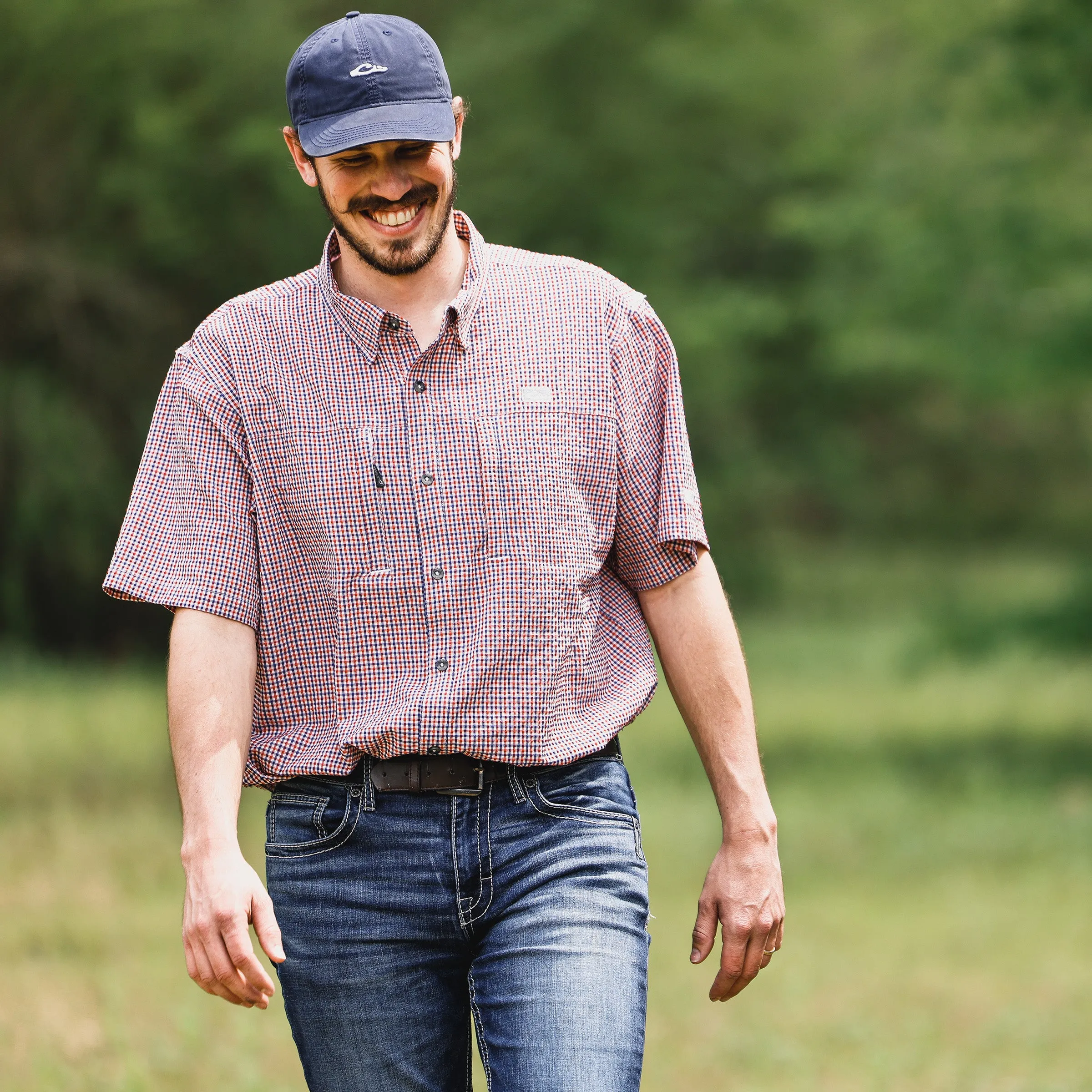 Classic Seersucker Grid Check Button-Down Short Sleeve Shirt