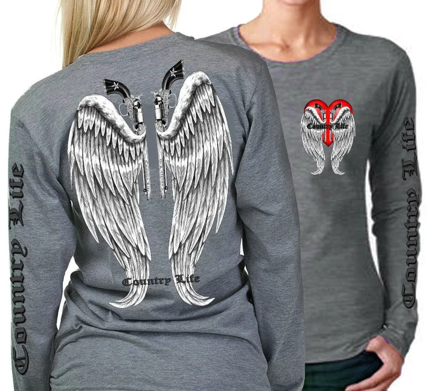 Country Life Outfitters Wings Guns Vintage Gray Long Sleeve Bright T Shirt