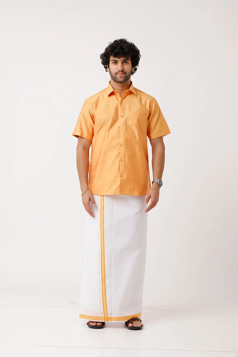 Divine - Golden Yellow Cotton Blend Single Dhoti With Fancy Borders For Men | Uathayam