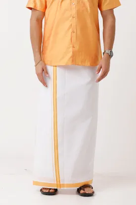 Divine - Golden Yellow Cotton Blend Single Dhoti With Fancy Borders For Men | Uathayam