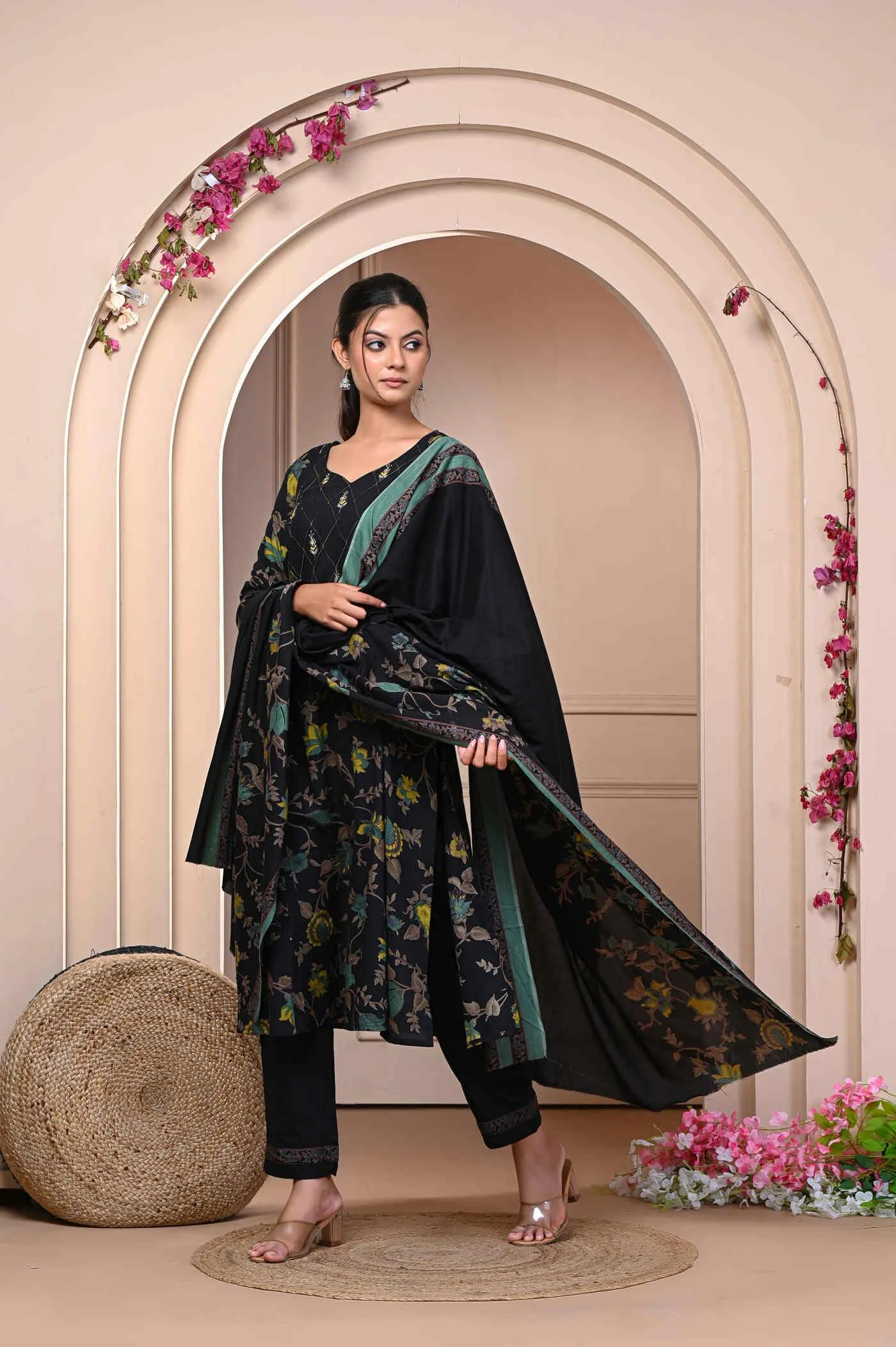 Elegant Floral Black Kurta Set with Dupatta