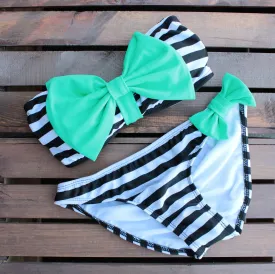 Final Sale - Dippin Daisy - Striped Sailor Gal Bow Bikini in Mint and Black