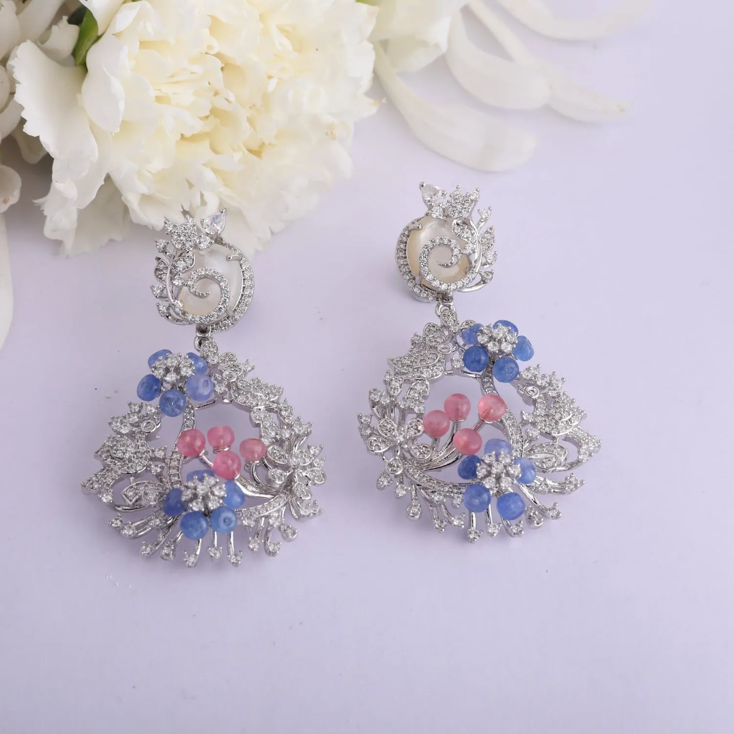 Floral Bouquet CZ Silver Statement Earrings