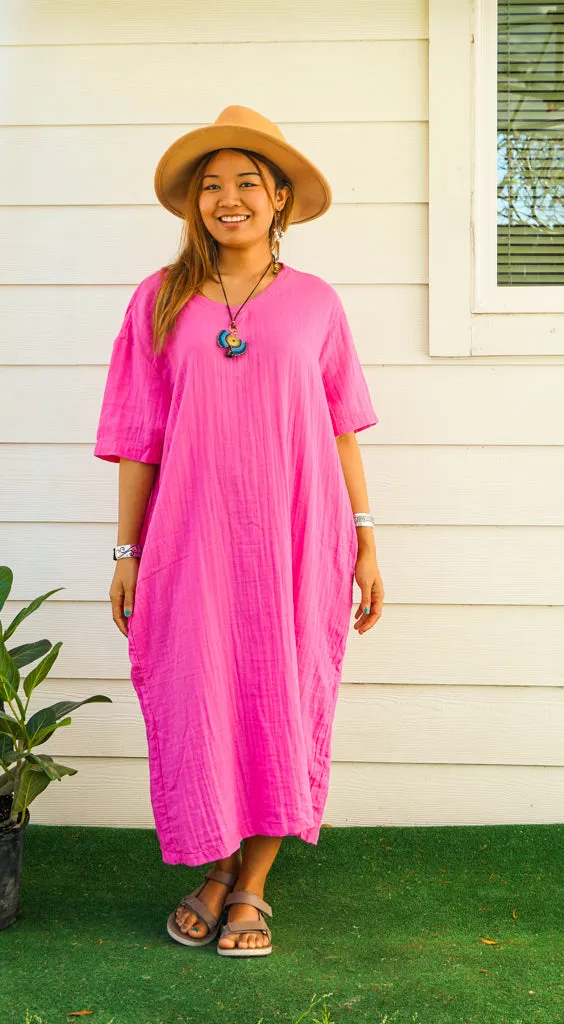 Fuchsia Double Gauze Cotton Dress with Pockets