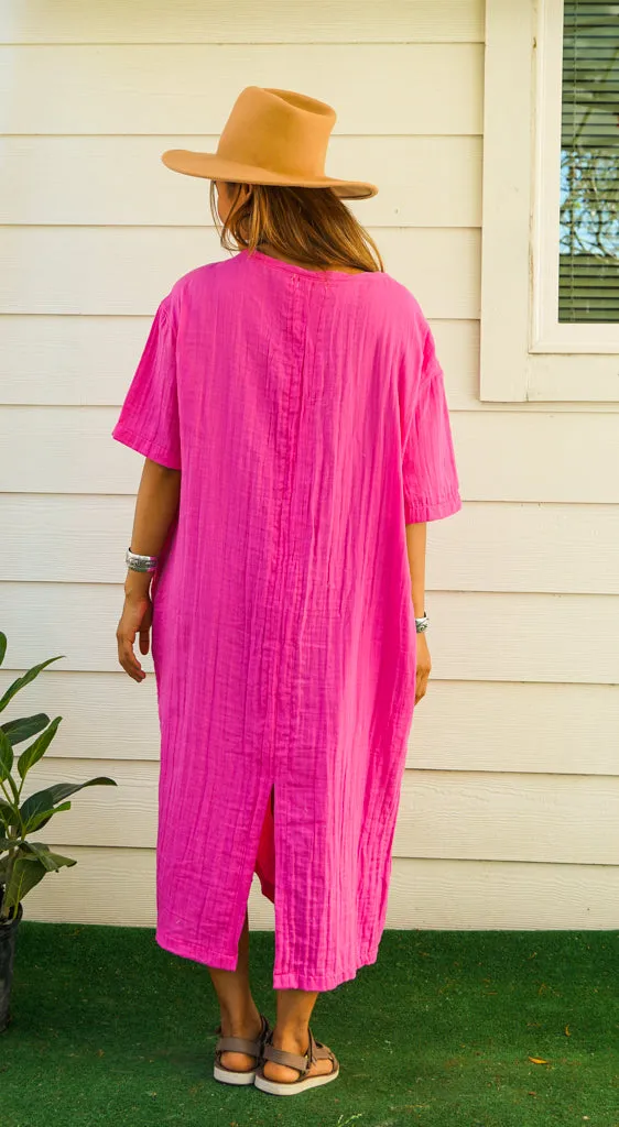 Fuchsia Double Gauze Cotton Dress with Pockets