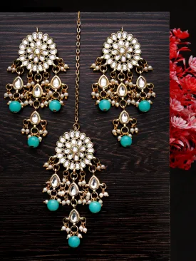 Gold Plated Embellished Light Blue Kundan Tassel Earrings with Maangtikka