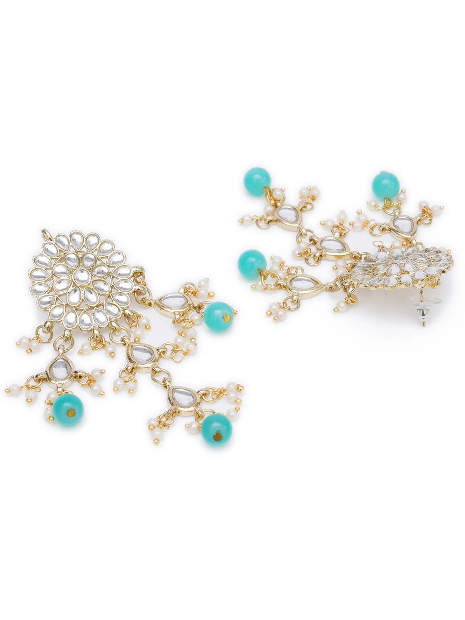 Gold Plated Embellished Light Blue Kundan Tassel Earrings with Maangtikka