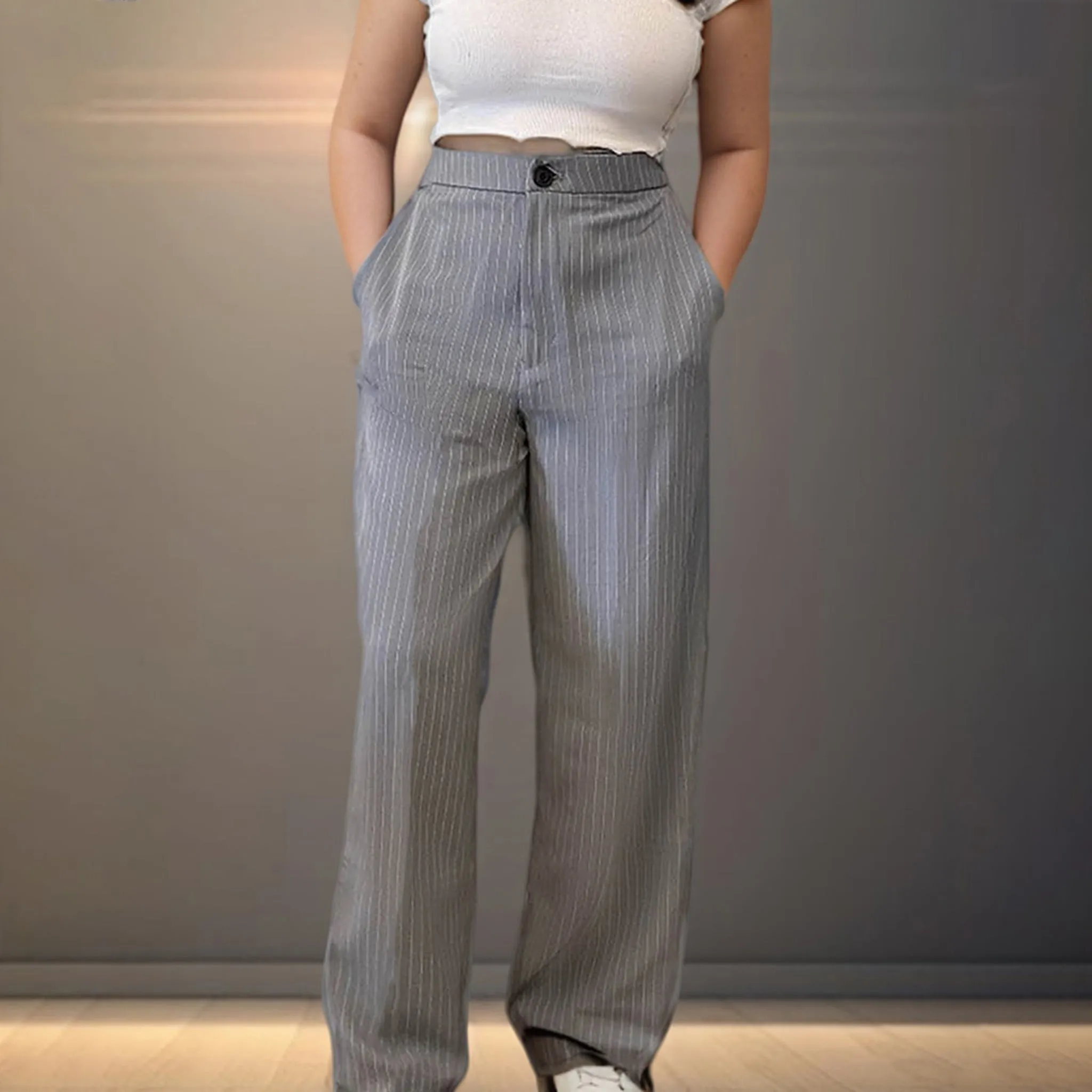 Grey Striped Korean Pants