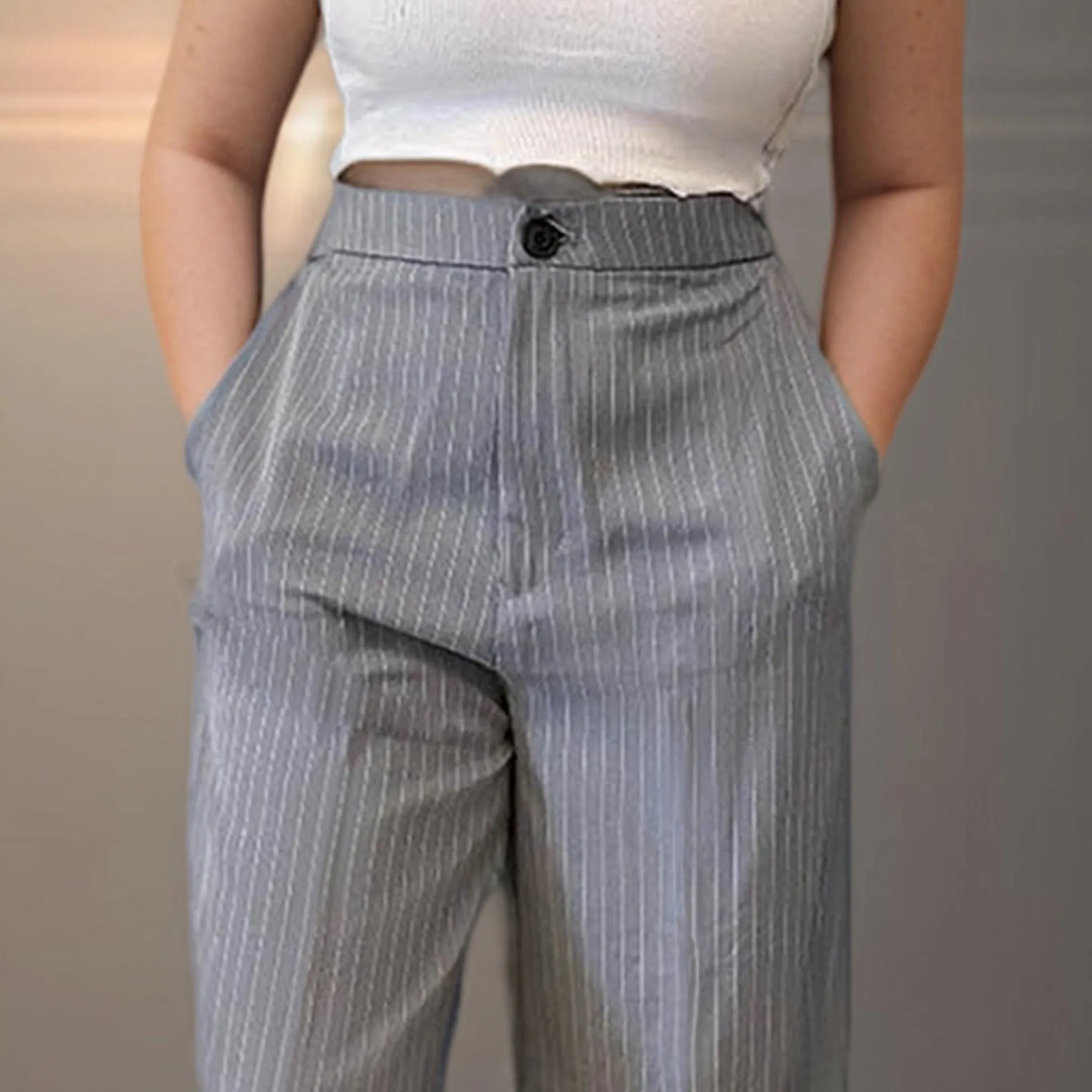 Grey Striped Korean Pants