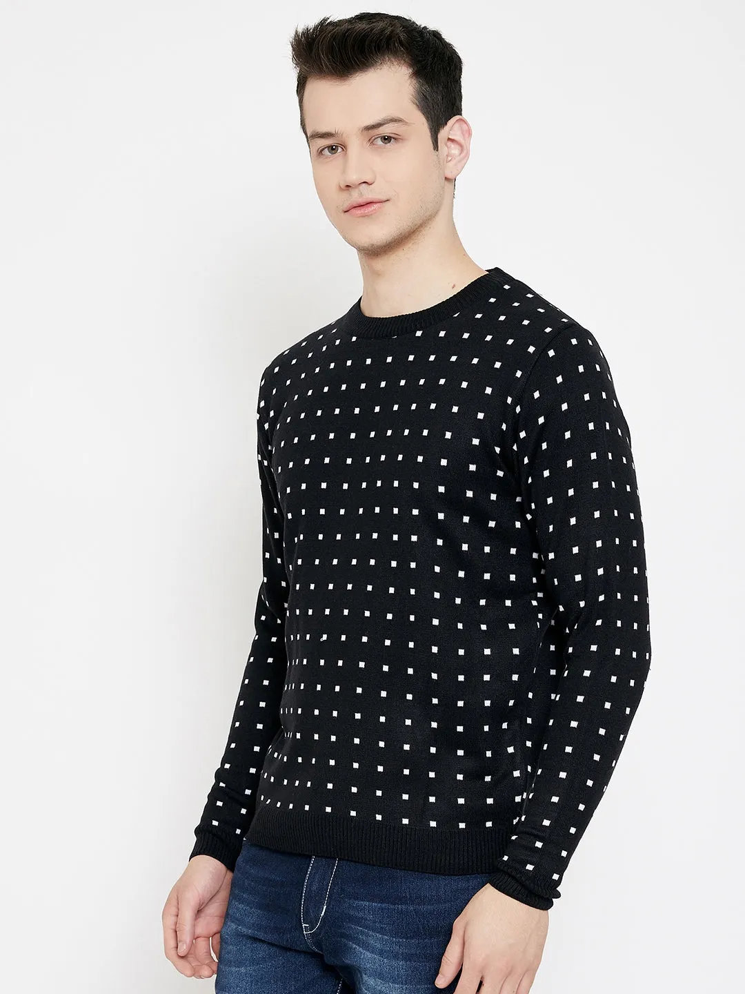 JUMP USA Men Black Checked Round Neck Casual Pullover