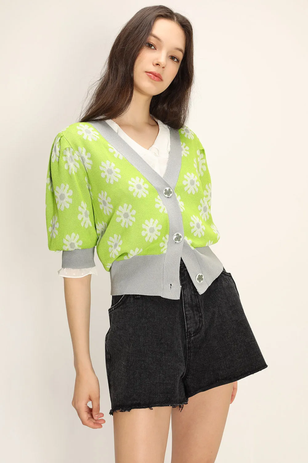 Kathleen Floral Puffed Cardigan