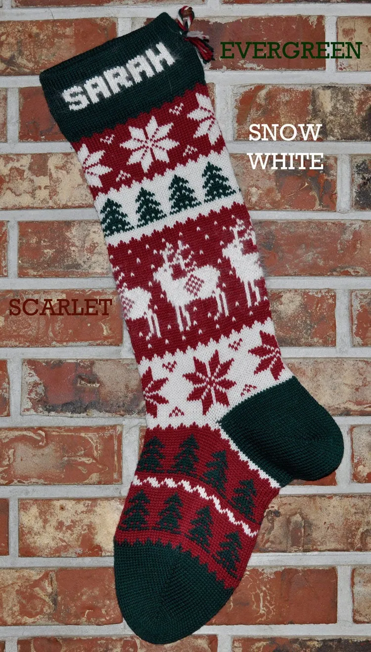 Large Personalizable Knit Wool Christmas Stocking - Angora Reindeer