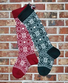 Large Personalizable Knit Wool Christmas Stocking - Snowflakes & Hearts - CRANBERRY