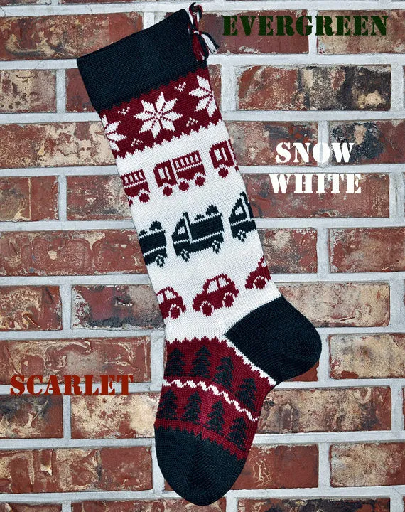 Large Personalizable Knit Wool Christmas Stocking - Trucks & Cars