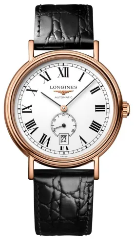 Sure! Here’s an optimized title for the product:

**Longines Presence Automatic Mens Watch - Rose Gold PVD Case, White Dial, Date Function, Black Leather Strap (L4.904.1.11.2)**