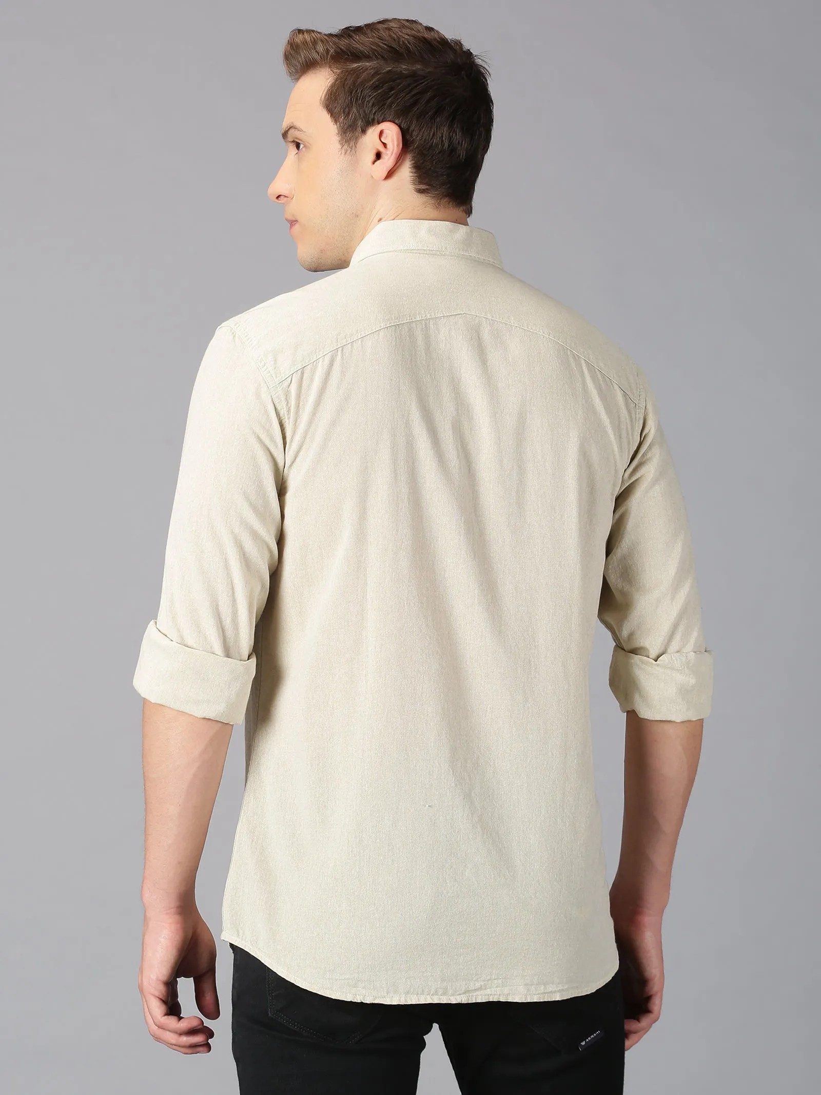 MEN'S BEIGE SOLID SLIM FIT SHIRT