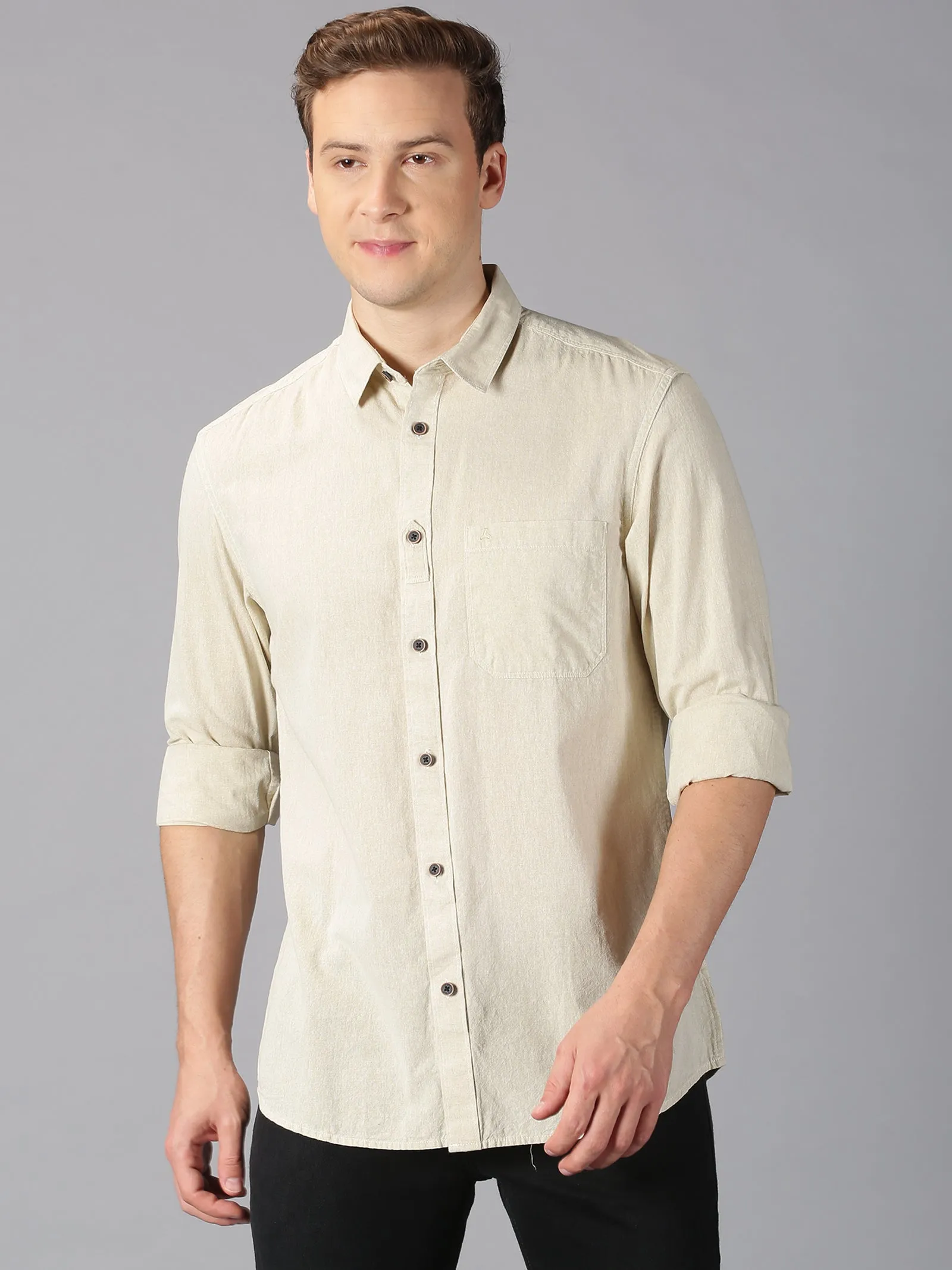 MEN'S BEIGE SOLID SLIM FIT SHIRT